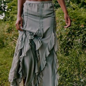 NWOT Free People Intimately Icing On Top Riffle Maxi Skirt in Green